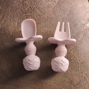 🍁Pandaear Pale Pink Silicone Baby Spoons and Fork Feeding Set